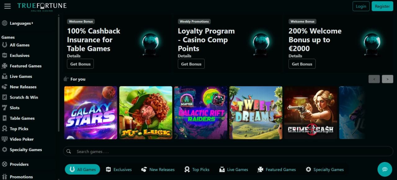 True Fortune Casino — Slots, Table Games & Cashback